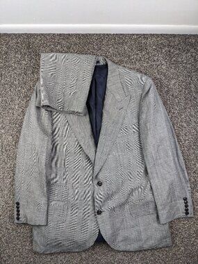 SuitSupply 46R 2 PC Suit Italian Linen Wool Glen Plaid Gray 42x30